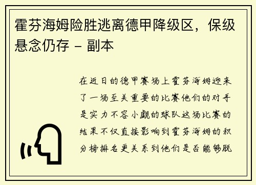 霍芬海姆险胜逃离德甲降级区，保级悬念仍存 - 副本