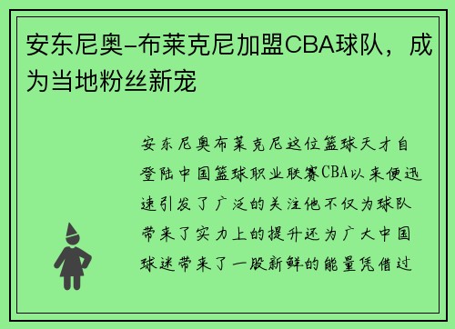 安东尼奥-布莱克尼加盟CBA球队，成为当地粉丝新宠