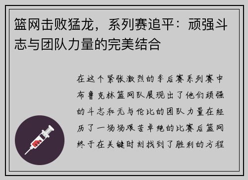 篮网击败猛龙，系列赛追平：顽强斗志与团队力量的完美结合