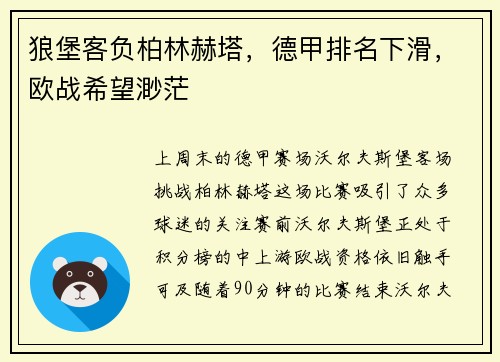 狼堡客负柏林赫塔，德甲排名下滑，欧战希望渺茫