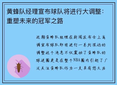 黄蜂队经理宣布球队将进行大调整：重塑未来的冠军之路