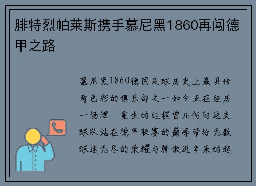 腓特烈帕莱斯携手慕尼黑1860再闯德甲之路