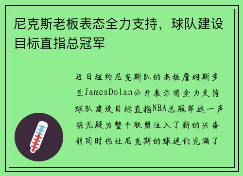 尼克斯老板表态全力支持，球队建设目标直指总冠军